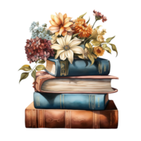 Vintage book stack woth flower. Illustration AI Generative png