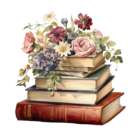 Vintage book stack woth flower. Illustration AI Generative png