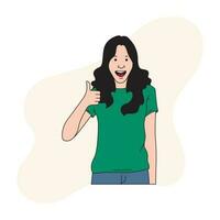 a woman with long hair with thumbs forward and laughing.eps vector