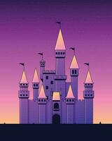 ilustración diseño de un majestuoso castillo con un hermosa noche cielo en plano diseño vector