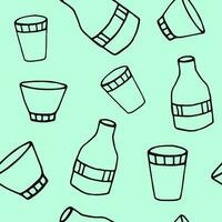 Hand-drawn simple seamless vector doodle pattern. Black outline of bottles, glasses, cups on a light bright blue background. For the design of fabrics, cafes, menus.