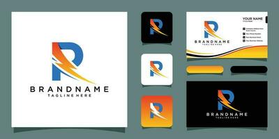 Flash R letter logo icon electrical bolt with business card design Premium Vector