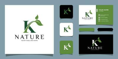 Initial Letter K With Leaf Luxury Logo. Green leaf logo with business card design Premium Vector