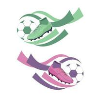 Soccer ball and boots with ribbon. Football gear, equipment. Game fun club graphic logos. Sport championship event themed flat vector illustration on white background.