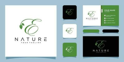 Initial letter e with leaf luxury logo. green leaf logo with business card design Premium Vector