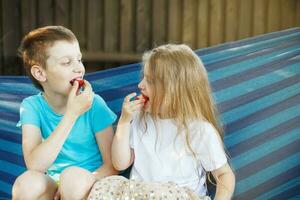 hermano y hermana comiendo fresas sentados en la hamaca azul en el patio trasero foto