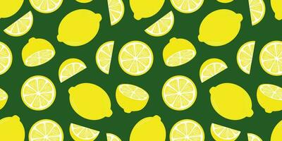 Seamless lemon pattern on dark green background, repeating wallpaper vector