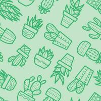 Seamless cactus vector pattern, green repeating backgorund with hand drawn house plants