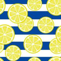 Seamless lemon slice vector repeat pattern, blue stripe background, perfect summer print for wallpaper or fabric