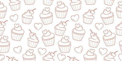 Cute line art cupcake pattern with hearts, isolated on white background, seamless repeating wallpaper vector