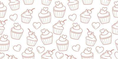 Cute line art cupcake pattern with hearts, isolated on white background, seamless repeating wallpaper vector