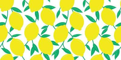 Lemon vector repeat pattern background, seamless repeating wallpaper with tropical fruits, connected lemon branches.