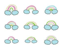 Set of colorful rainbow with clouds aesthetic element art decoration. vector