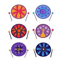 Set of hang drum with drumsticks. Vector flat