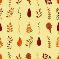 Autumn seamless pattern background from leaves and branches of different trees. Vector illustration. Warm retro colors