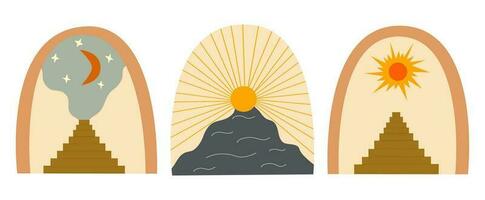 Set of abstract art arch and sun. Vector card