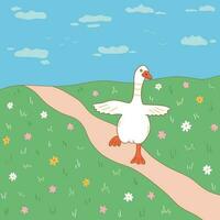 Goose running through a summer field. Vector hand drawn