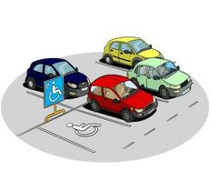 discapacitado estacionamiento área.ciudad coche parque con un conjunto de diferente carros. carencia de estacionamiento espacios. urbano transporte. vector ilustración.