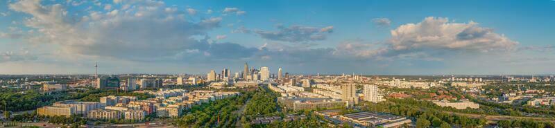 Wide angle drone panorama over the German city Frankfurt am Main during sunset photo