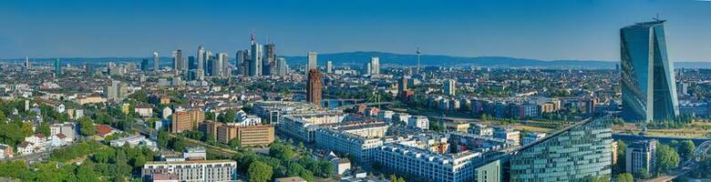 Wide angle drone panorama over the German city Frankfurt am Main during sunrise photo