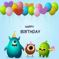 cute monster birthday card with balloons vector