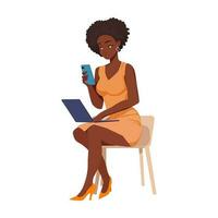 black girl businesswoman looking at laptop and smartphone vector