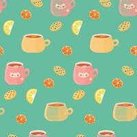 pattern tea with lemon and cookies vector