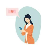 beautiful Asian woman receives a text message vector