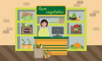 Illustration with shop of fresh farm vegetables vector