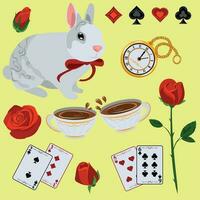 A set of clipart with rabbit, cups, cards, clock, rose vector