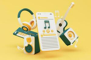 Headphones and smartphone with music notes floating on yellow background surrounded by Speaker with musical instruments. concept of fun song or music festival. 3d render illustration cartoon style photo