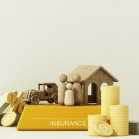 Model of a wooden house and a car with a on wood podium in the concept of real estate insurance and family financial future planning On a white background, cartoon style. 3D rendering. photo