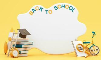 write board with books and accessory on yellow background. degree achievements education and Free space for announcing the opening of the study. Back to school concept 3D Rendering, 3D Illustration photo