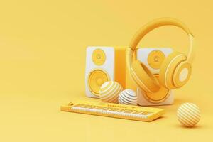 Headphones and smartphone with music notes floating on yellow background surrounded by Speaker with musical instruments. concept of fun song or music festival. 3d render illustration cartoon style photo