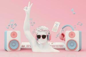 Headphones and smartphone with music notes floating on pink background surrounded by Speaker with musical instruments. concept of fun song or music festival with human head sculpture. 3d rendering photo
