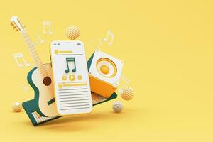 auriculares y teléfono inteligente con música notas flotante en amarillo antecedentes rodeado por altavoz con musical instrumentos concepto de divertido canción o música festival. 3d hacer ilustración dibujos animados estilo foto