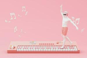 Headphones and smartphone with music notes floating on pink background surrounded by Speaker with musical instruments. concept of fun song or music festival with human head sculpture. 3d rendering photo