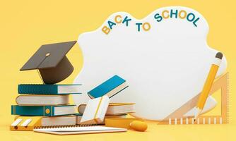 write board with books and accessory on yellow background. degree achievements education and Free space for announcing the opening of the study. Back to school concept 3D Rendering, 3D Illustration photo