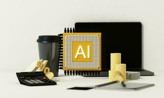 technology concept artificial intelligence microchip circuit board to helping the business in the future help calculate and develop for growth and generate wealthy financial income. 3d rendering photo