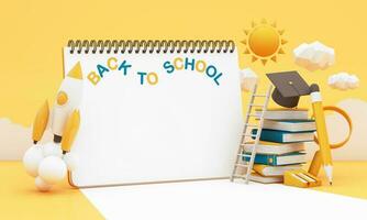 write board with books and accessory on yellow background. degree achievements education and Free space for announcing the opening of the study. Back to school concept 3D Rendering, 3D Illustration photo