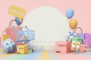 shopping sale promotion banner. shopping cart, balloon and gift box with shopping bag. Concept of great discount, suitable for black friday and anniversary on pastel background. 3d rendering photo