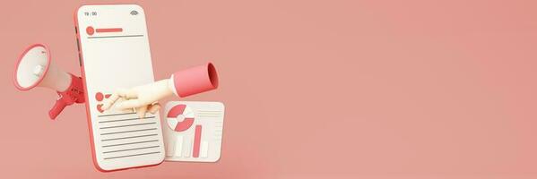 Hand holds a megaphone from a hole in the wall on a red background. Concept of hiring, advertising something. Banner. 3d rendering photo