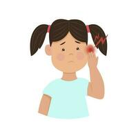 Pain in the ear. An upset girl is holding his ear. Children's ear infection. Vector illustration. Kid diseases