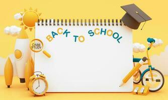 write board with books and accessory on yellow background. degree achievements education and Free space for announcing the opening of the study. Back to school concept 3D Rendering, 3D Illustration photo