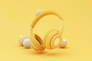 Headphones and smartphone with music notes floating on yellow background surrounded by Speaker with musical instruments. concept of fun song or music festival. 3d render illustration cartoon style photo