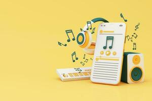 Headphones and smartphone with music notes floating on yellow background surrounded by Speaker with musical instruments. concept of fun song or music festival. 3d render illustration cartoon style photo