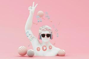 Headphones and smartphone with music notes floating on pink background surrounded by Speaker with musical instruments. concept of fun song or music festival with human head sculpture. 3d rendering photo