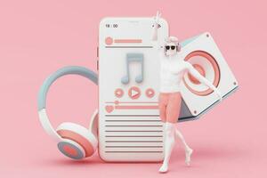 Headphones and smartphone with music notes floating on pink background surrounded by Speaker with musical instruments. concept of fun song or music festival with human head sculpture. 3d rendering photo