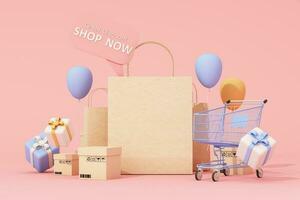 shopping sale promotion banner. shopping cart, balloon and gift box with shopping bag. Concept of great discount, suitable for black friday and anniversary on pastel background. 3d rendering photo