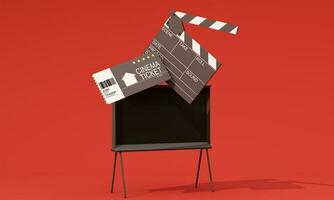 Movie time 3d render illustration. Cinema poster concept on color background. Composition with popcorn, clapperboard, 3d glasses and filmstrip. Cinema banner design for movie theater. photo